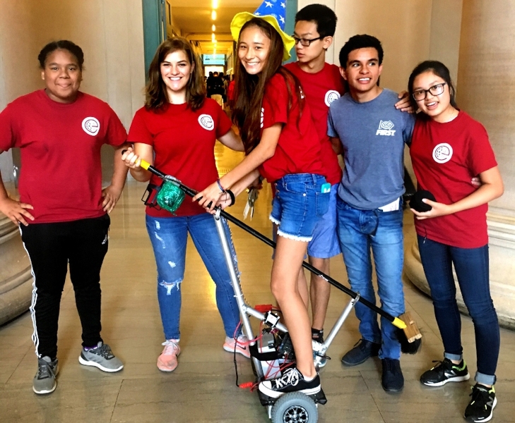 Team Broomba tested their self-balancing witch’s broomstick on wheels down the infinite hallway at 77 Massachusetts Ave. The team members included (l-r) Destiny Montero, Irene Terpstra, Anouk Noblett, Kevin Li, Ruben Castro, and Abigail Lau.