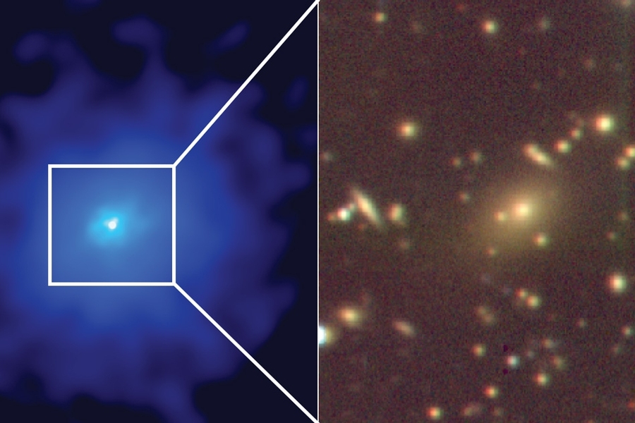 An X-ray image (in blue) with a zoom in optical image (gold and brown) showing the central galaxy of a hidden cluster, which harbors a supermassive black hole.