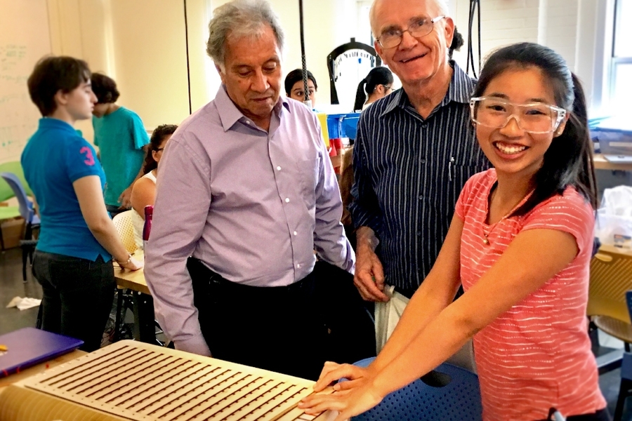 Marco Quijada and Professor J. Kim Vandiver, the Forbes Director of the Edgerton Center, visited with Kaylin Chan and inspected the Team LIT (Light Interactive Technology) project, an Arduino-controlled LED wall display (a.k.a. a “fairy catcher”).