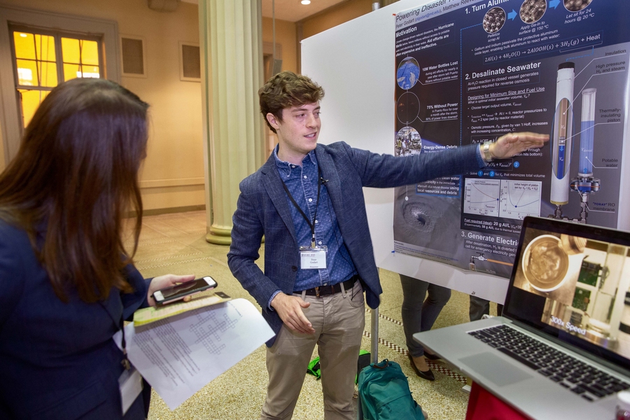 Peter Godart, a graduate student in mechanical engineering, explains how he plans to take scrap aluminum found in debris after natural disasters, and use it to power desalination.