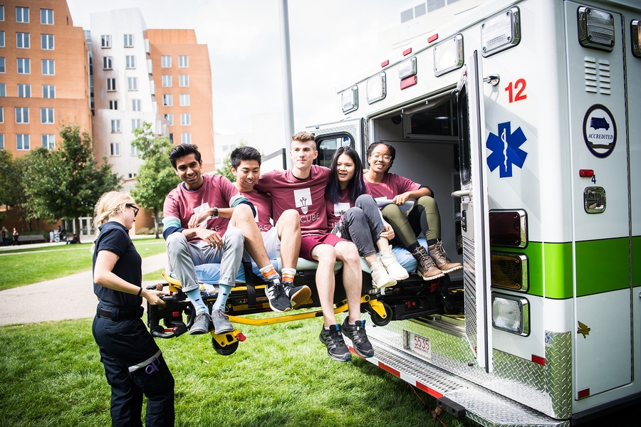 The MIT team, which reimagined the ambulance of the future, was comprised of (l-r) Eswar Anandapadmanaban, Paolo Adajar, Samuel Salomon, Erica Yuen, and Jordan Harrod.