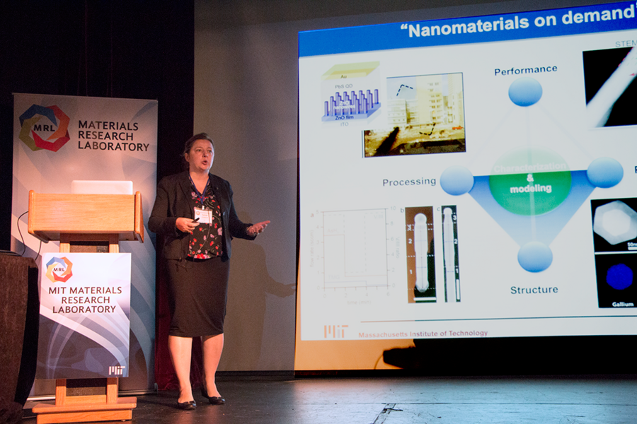 Silvija Gradečak, MIT professor in materials science and engineering, addresses the promise and the problems of perovskite solar cells. She spoke during the MIT Materials Research Laboratory Materials Day Symposium on Oct. 10.