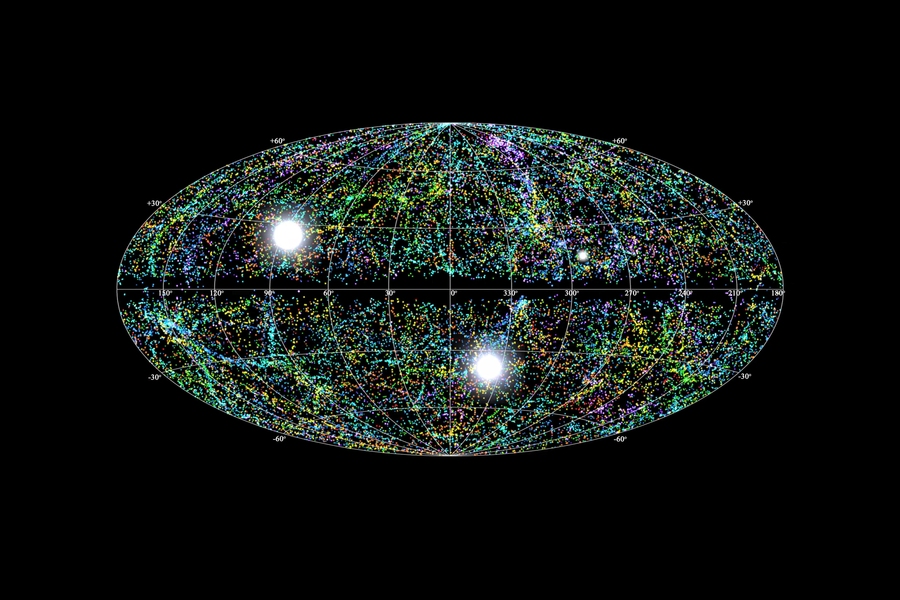 Illustration of the random appearance of Fast Radio Bursts (FRBs) on the night sky. 