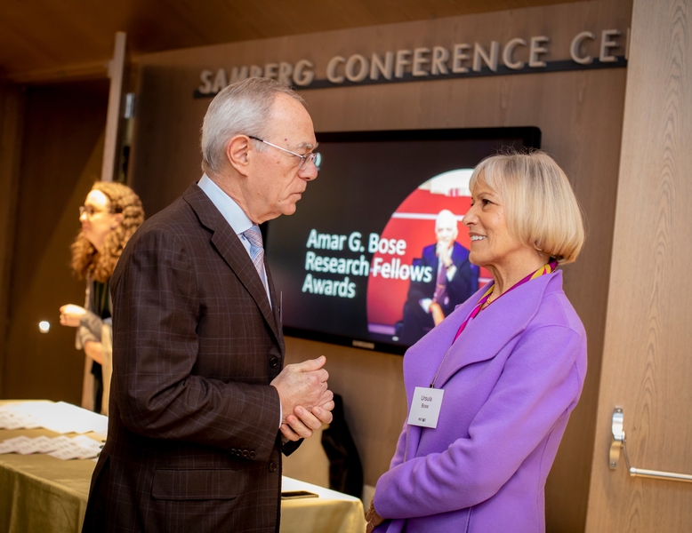 President L. Rafael Reif greets Ursala Bose. 