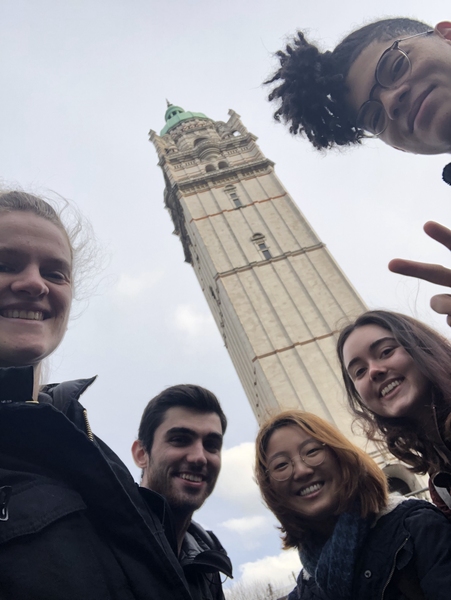 MIT spring exchange students gather by Imperial College London's iconic Queen's Tower: (l-r) Lily Bailey, Michael Hiebert, Dain Kim, Sara Wilson, and Chase Warren.
