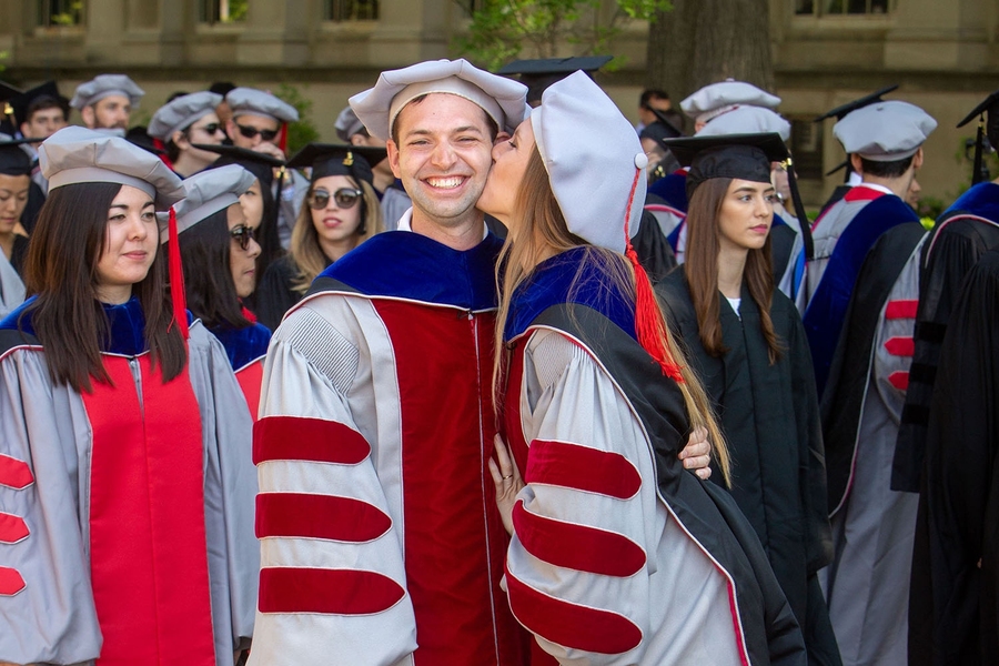 Scott Nill and Larissa Nietner at MIT Commencement in June 2018, just after their wedding and honeymoon. “One of the best parts of being married to someone who has been through the MIT PhD program is you have an immense amount of understanding and empathy for what the other person is going through,” says Nill. 