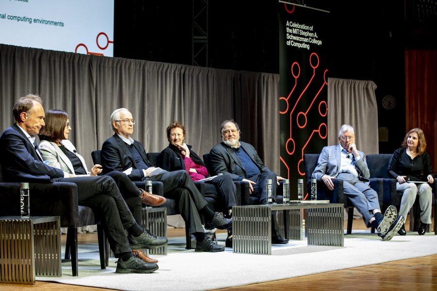 “As the world’s leading technological university, MIT has an obligation to lead the forefront of research rather than follow industry,” said Shafi Goldwasser at a recent panel discussion featuring MIT A.M. Turing Award winners. Left to right: Sir Tim Berners-Lee, Goldwasser, Butler Lampson, Barbara Liskov, Ronald Rivest, Michael Stonebraker, and Daniela Rus.  