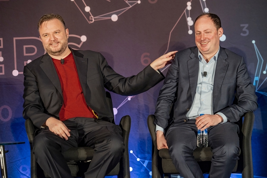 Houston Rockets general Manager Daryl Morey, left, with writer and analyst Nate Silver, right, at the MIT Sloan Sports Analytics Conference, Saturday March 2, 2019.
