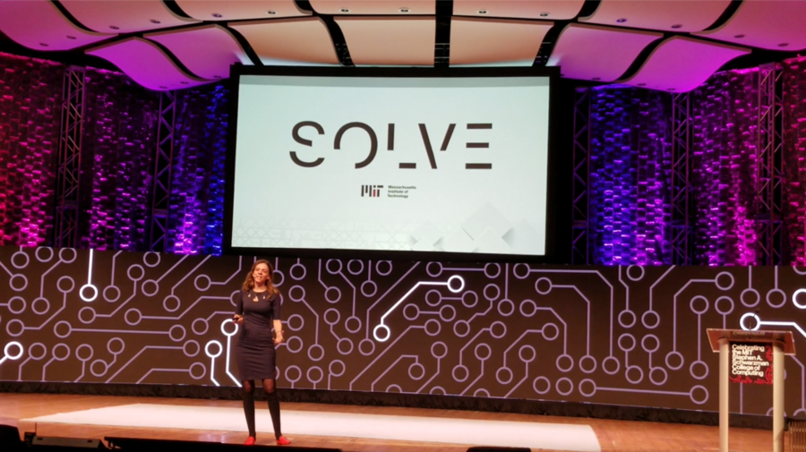 Alex Amouyel announces the 2019 Solve Global Challenges on stage in Kresge Auditorium at the Hello World, Hello MIT event.

