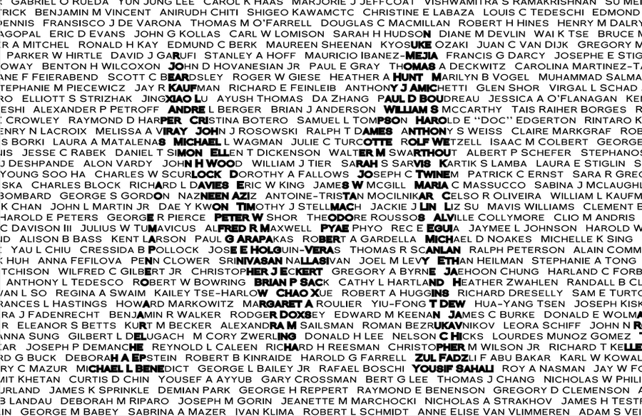 How does “One.MIT” form an image from 270,000 names? By treating each of the approximately 4 million letters like light and dark pixels. For dark areas of the image, the letters are thicker; where the image is light, the letters are thinner. Figuring out the complicated computation to achieve this effect was a major challenge for the project team.