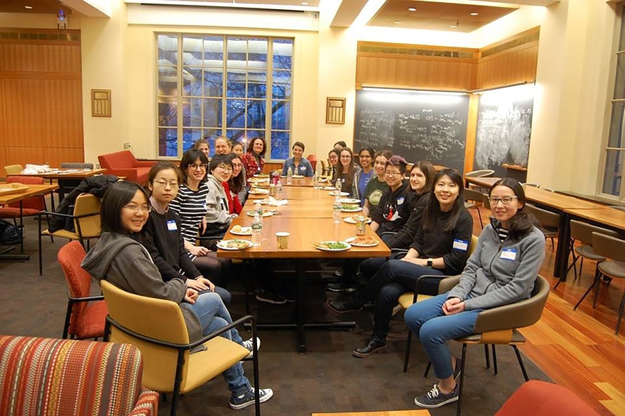 Students and faculty share a pizza dinner in the Department of Mathematics to kick-off the Spring 2019 semester.