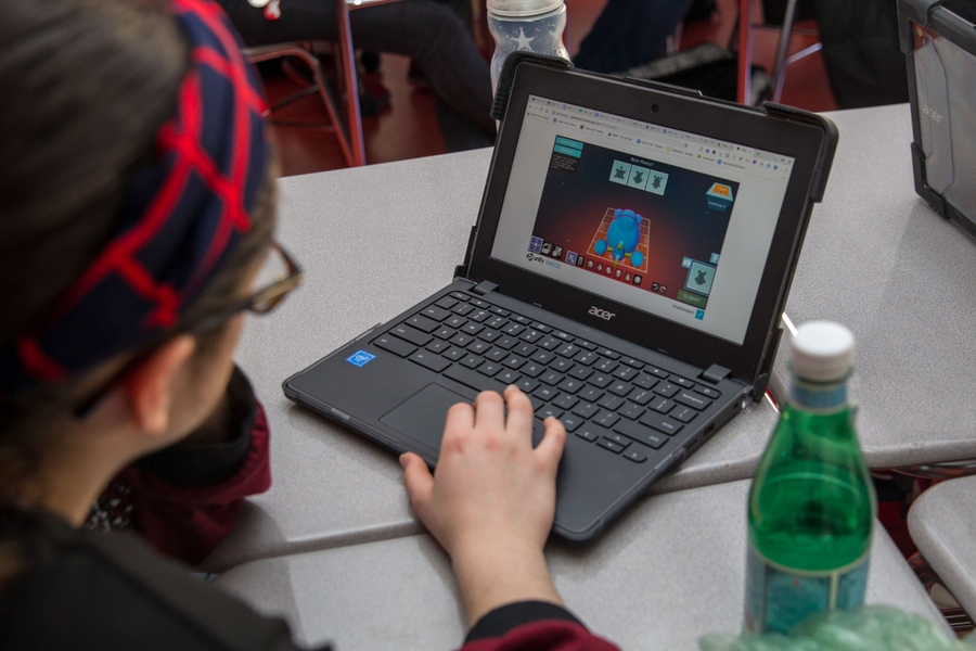 A Cambridge Rindge and Latin School student plays Shadowspect.