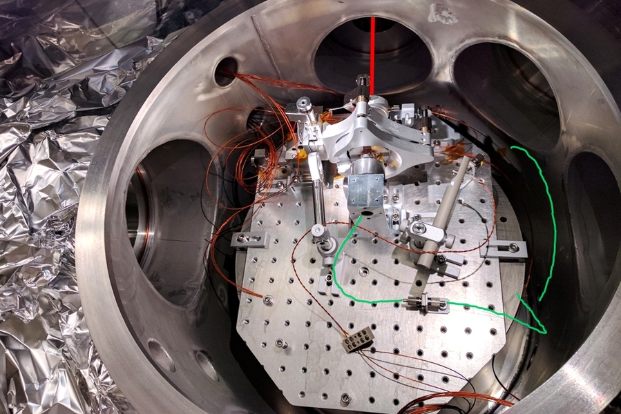 New technology allows LIGO researchers to model noise from quantum phenomena at room temperature. The green path shows the optical fiber that carries light into the chamber, and the red path shows where the light exits.