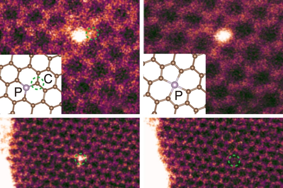 Microscope images are paired with diagrams illustrating the controlled movement of atoms within a graphite lattice, using an electron beam to manipulate the positions of atoms one a time.