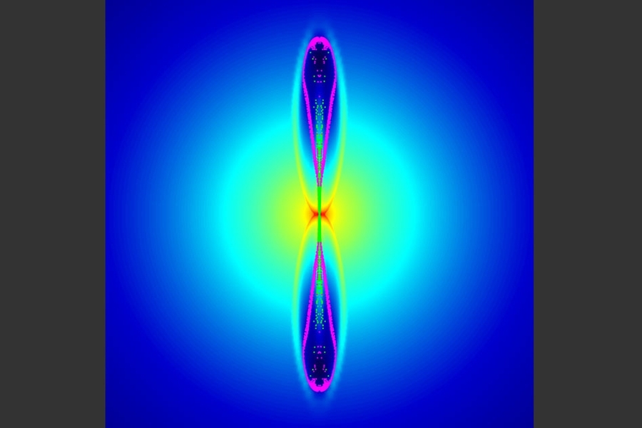 A simulation shows what the first supernovae could have looked like: Instead of spherical as many scientists have assumed, these brilliant explosions may have been asymmetric jets that shot heavy elements such as zinc (green dots) out into the early universe. This simulation shows the shape of the supernova, 50 seconds after the initial explosion.