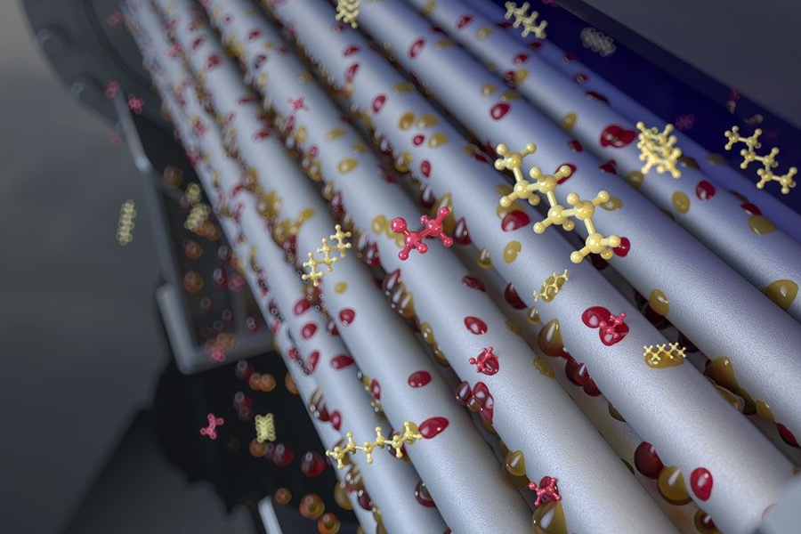 Artistic rendition of a dropwise condensing shell and tube heat exchanger, where vapor molecules condense onto heat exchange tubes and form drops that shed from the surface. The different colors and shapes represent different vapor materials.