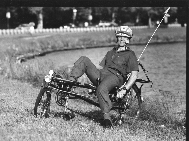 Wilson on the world-record breaking Avatar 2000 recumbent bicycle, which he co-designed. 
