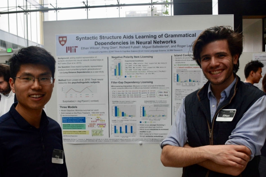 In a pair of studies, researchers show that grammar-enriched deep learning models understand some key rules about language use. Peng Qian (left) and Ethan Wilcox, graduate students at MIT and Harvard University respectively, presented the work at a recent MIT-IBM Watson AI Lab poster session. 