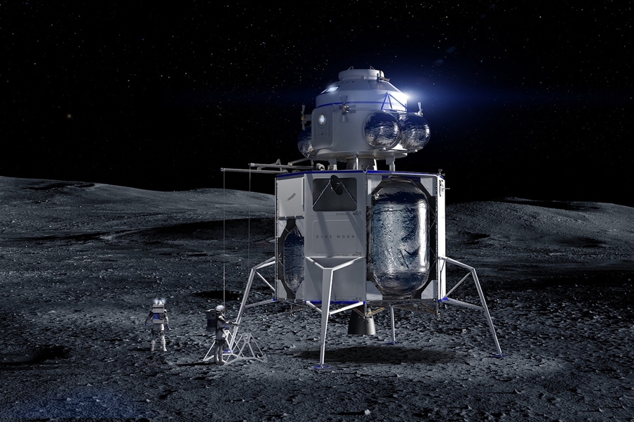Conceptual image of Blue Origin’s Blue Moon, the proposed robotic space cargo carrier and lander for making cargo deliveries to the Moon