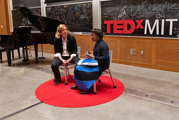 Professor Paula Hammond (right), head of the Department of Chemical Engineering, spoke with Megan Smith ’86 SM ’88 on advancing women in the STEM fields.