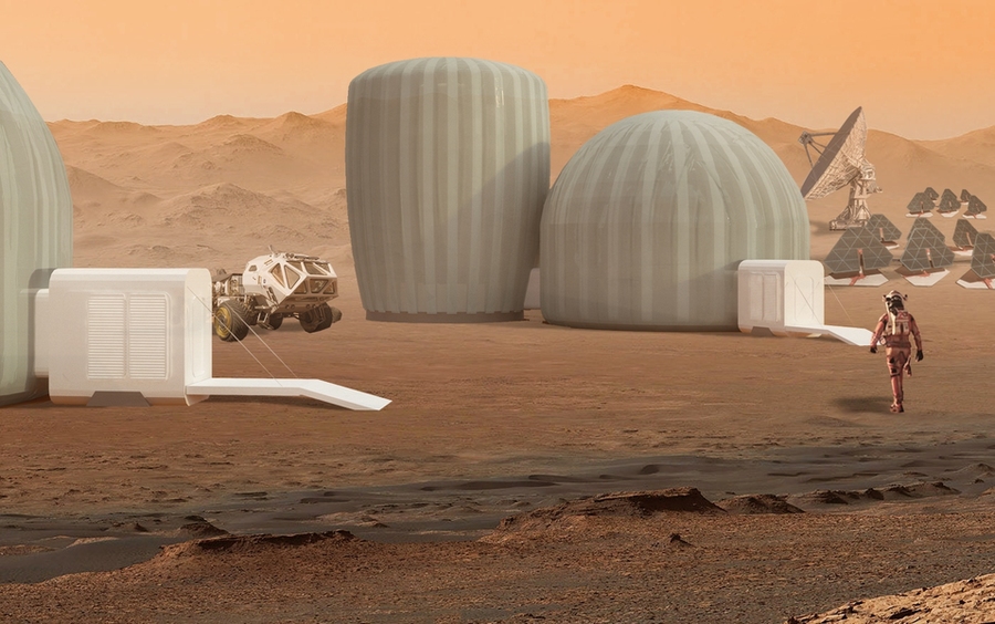 In an artist’s rendering, an astronaut approaches the MIT team’s Biosphere Engineered Architecture for Viable Extraterrestrial Residence (BEAVER) modules after completing an extra-vehicular activity on the Martian surface.