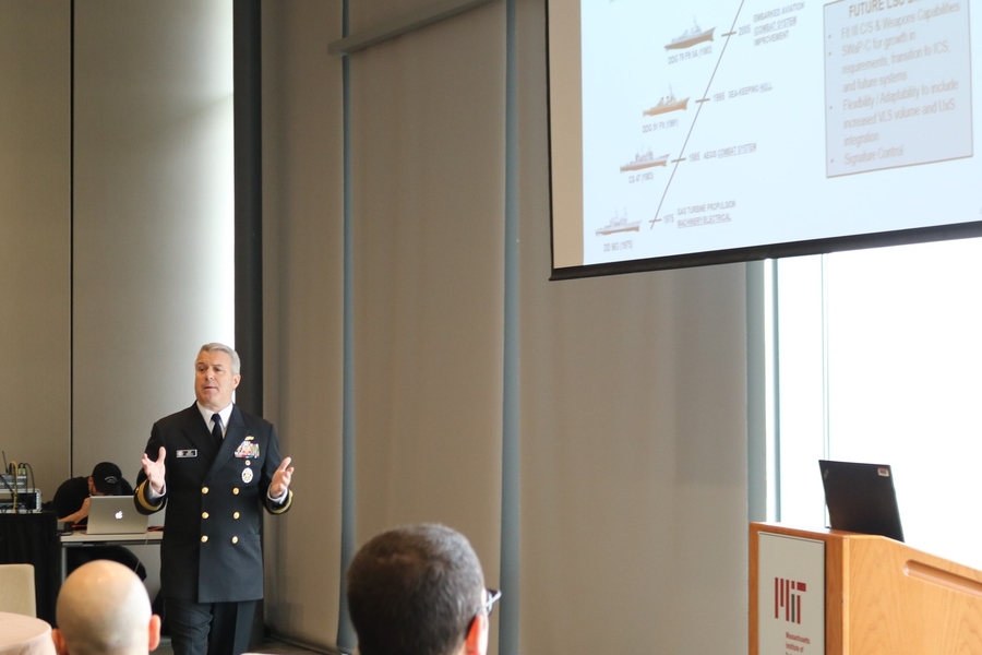 Rear Admiral Ronald Boxall, director of surface warfare at the U.S. Navy, delivers the keynote speech at the MIT Ship Design and Technology Symposium.