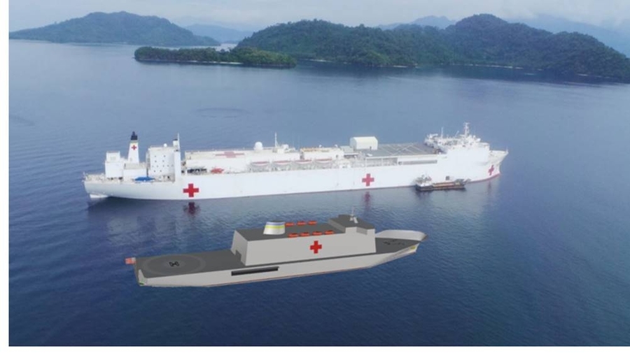 A rendering of the next generation hospital ship (in foreground) alongside the USNS Mercy