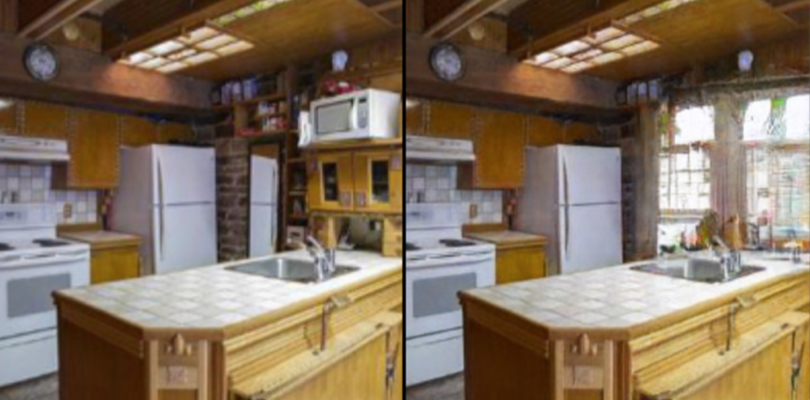 The GANpaint system developed at MIT can easily add features to an existing image. At left, the original photo of a kitchen; at right, the same kitchen with the addition of a window. Co-author Jun-Yan Zhu believes better understanding of GANs will help researchers be able to better stamp out fakery: “This understanding may potentially help us detect fake images more easily.”