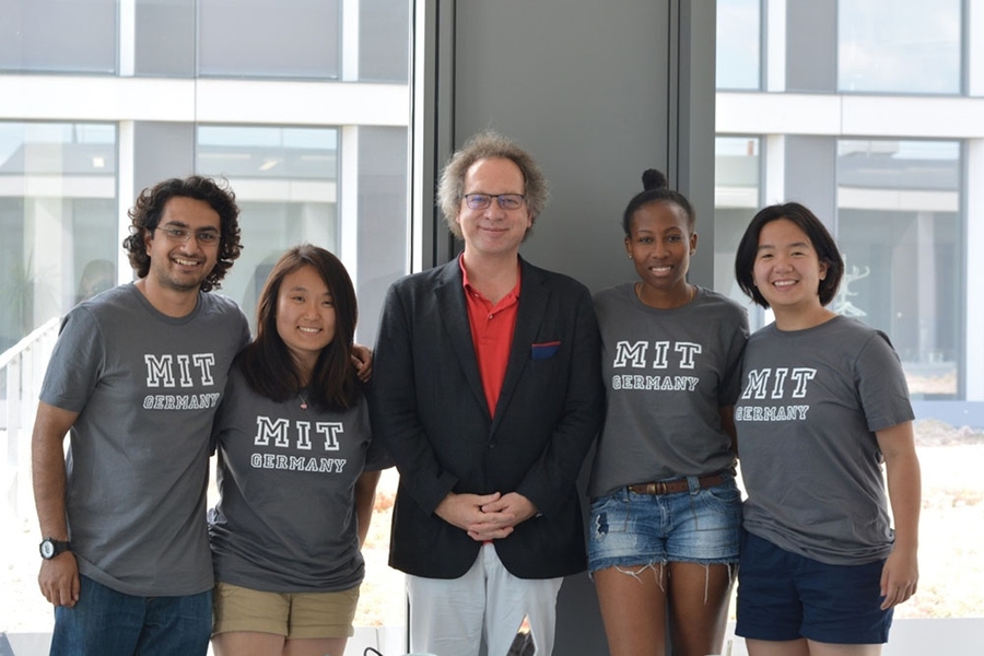 MIT students work with University of Regensburg Professor Christian Wolff (center) to create and deliver a six-week entrepreneurship seminar for students in the UR Media Informatics MS program. Pictured: the 2107 Global Startup Labs team.