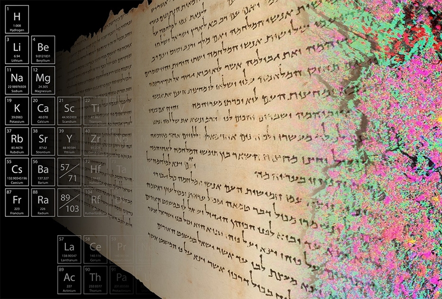 High-resolution mapping of the distribution of elements in a sample from the 2,000-year-old Temple Scroll, as shown by the colors at the right of this image, is providing insight into the scroll's ancient fabrication methods.