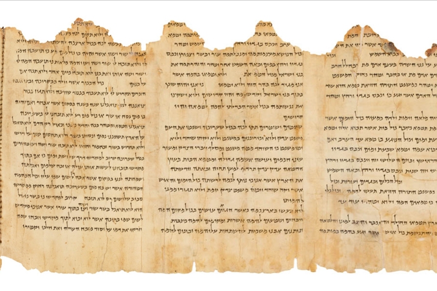 A portion of the Temple Scroll, the best preserved of the nearly 900 Dead Sea Scrolls. A small piece of this scroll was analyzed by the researchers to determine the chemistry of its parchment and its surface layer.