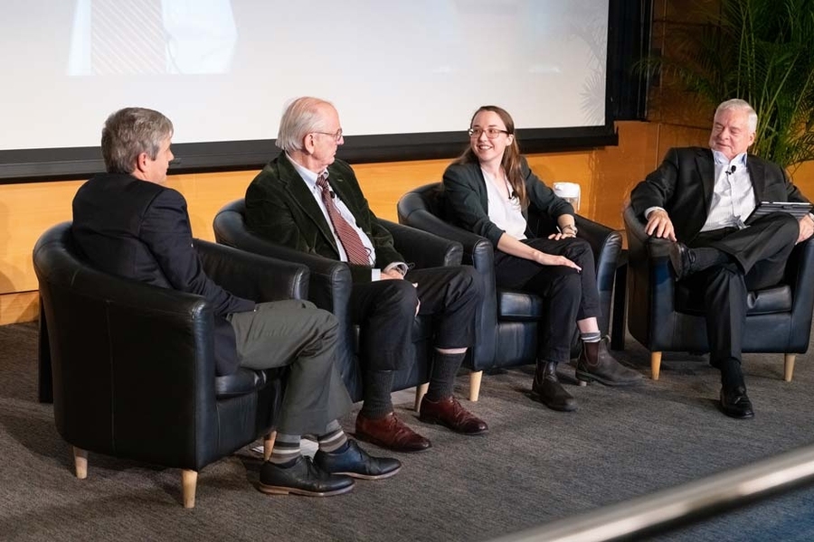 Left to right: Steven Ansolabehere of Harvard University, Henry Jacoby of the MIT Sloan School of Management, Leah Stokes of the University of California at Santa Barbara, and Richard Schmalensee of MIT Sloan, who moderated the panel discussions. 