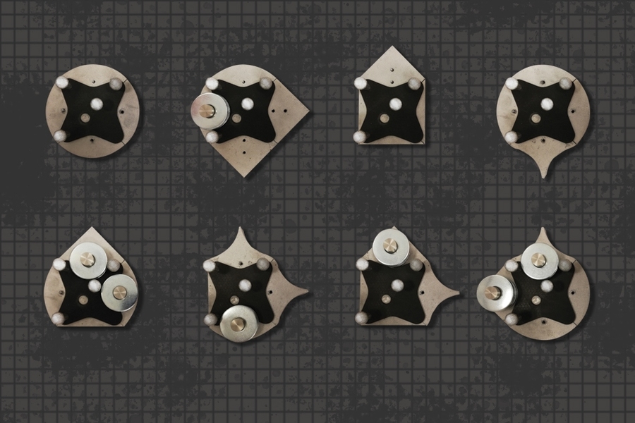 A key to compiling the novel Omnipush dataset was building modular objects (pictured) that enabled the robotic system to capture a vast diversity of pushing behavior. The central pieces contain markers on their centers and points so a motion-detection system can detect their position within a millimeter. 