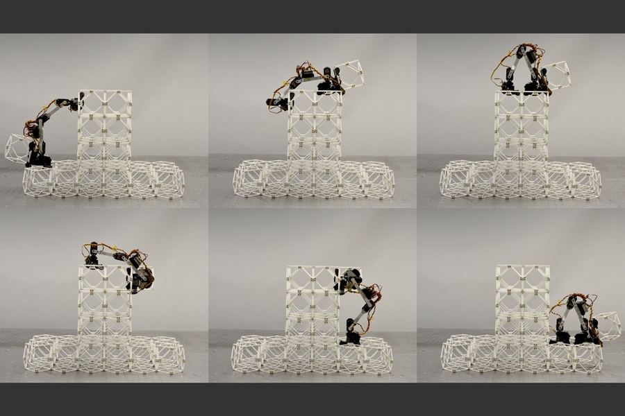 Sequence of photos shows an assembler robot at work, carrying one structural unit over the top and down the other side of a structure under construction.