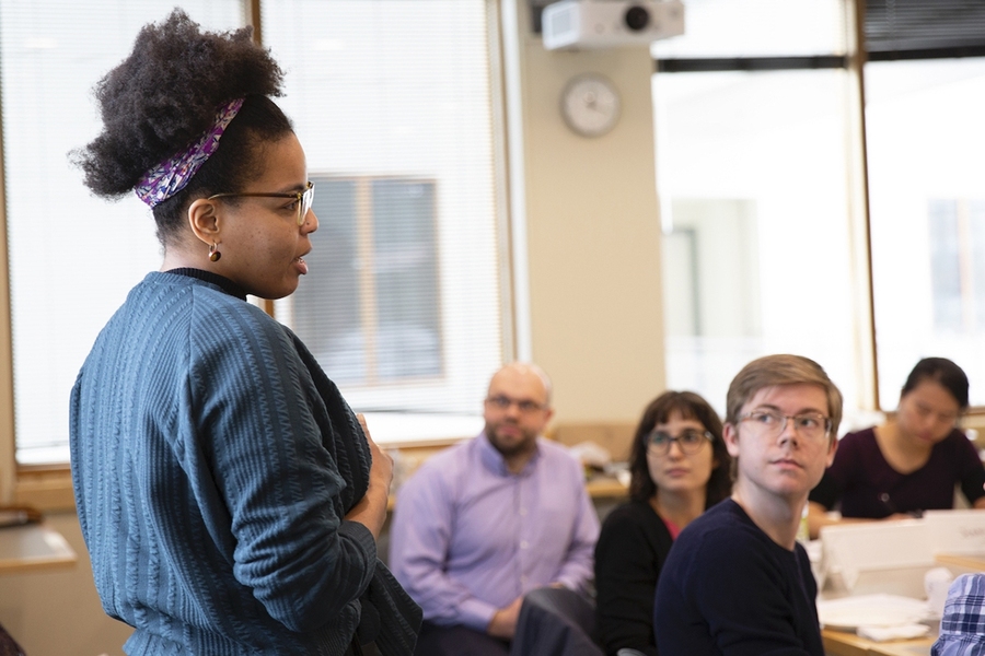 Department Support Project Graduate Community Fellow Raspberry Simpson (left) addresses graduate students from many departments to discuss how to use data to better understand the graduate experience.