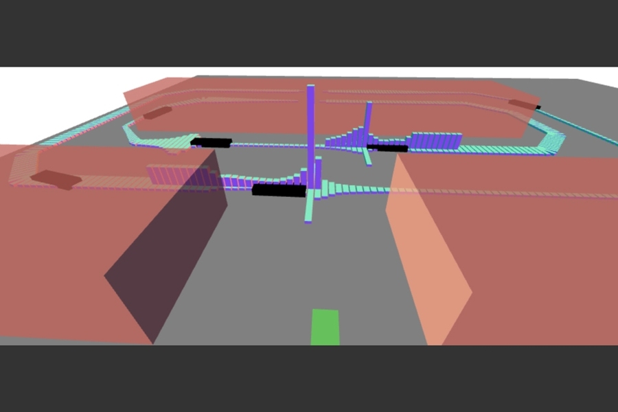 Risk is visualized here by vertical bars. Higher vertical bars indicate higher likelihood that that specific spot in the intersection is occupied by another vehicle, so it’s unsafe to pull into the road. Instead, the vehicle must wait for a safe gap or nudge forward to gather more data.
