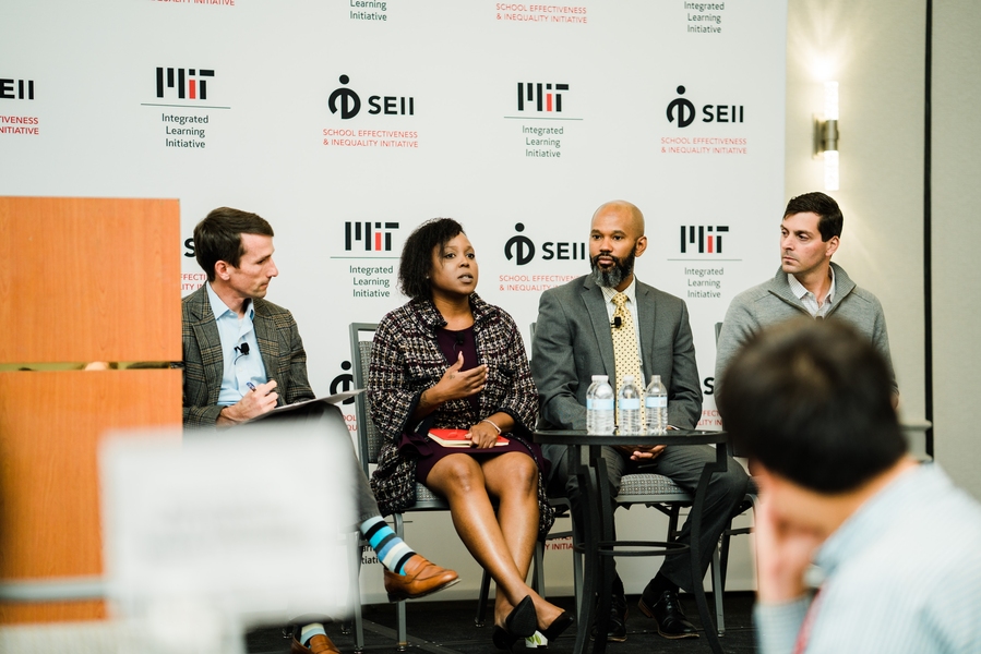 Harvard University Professor Martin West moderates a panel featuring education leaders (left to right) Tameeka Mason of Camden, New Jersey; Courtney Hill of Chicago, Illinois; and MIT School Access and Quality Fellow Luis Rodriguez of Oakland, California.