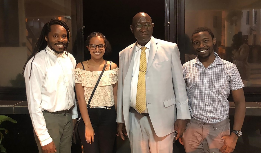 Left to right: chief innovation officer for the newly created Directorate of Science, Technology and Innovation in Sierra Leone and alumnus David Sengeh PhD '15, EECS student Michal Reda, Minister of Tertiary and Higher Education of Sierra Leone Aiah Gbakima, and MISTI-Africa participant and physics and mechanical engineering alumnus Mgcini "Keith" Phuthi ’19. 