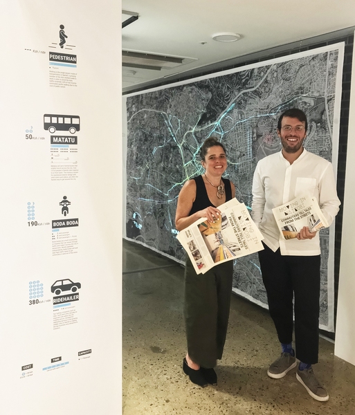Sarah Williams and Carmelo Ignaccolo in their installation "Moving Nairobi: Stories of Urban Mobility"