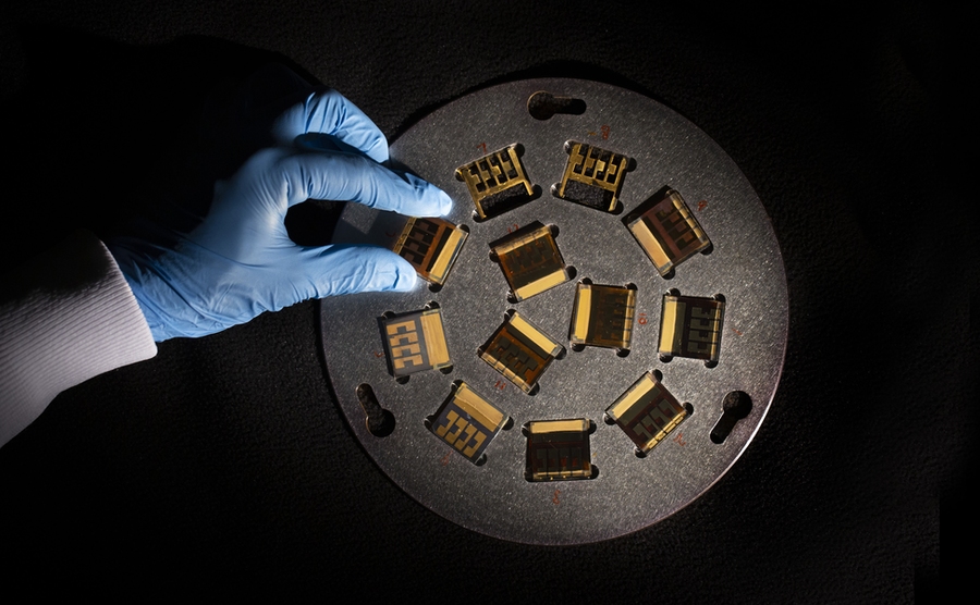 Thin-film solar devices are loaded for metallization as part of the high-throughput experimental platform in MIT’s Photovoltaics Lab. 