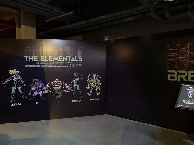 The Elementals are characters named after the five elements of hip hop (MC, DJ, Breakdance, Graffiti Art, and Knowledge) that guide museum-goers through their own personalized narrative of hip hop history.