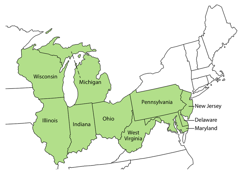 Figure 1: This map highlights the 10 states that the researchers defined as the Rust Belt for their case study of the costs, climate benefits, and health benefits of various RPS policy options.
