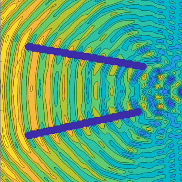 This image depicts the modeled acoustic field within a 300 square micrometer design area; scale bars are 200 micrometers long.