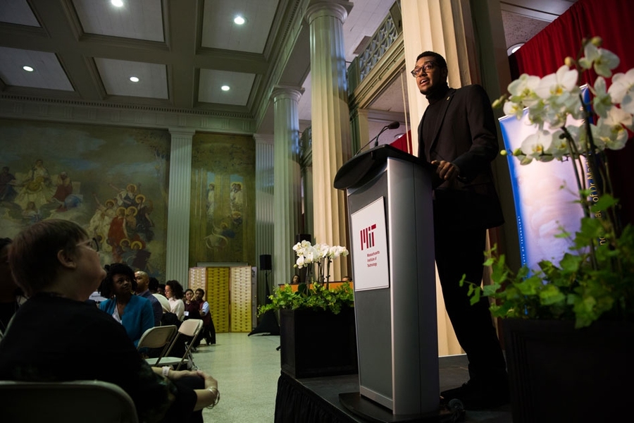 Kelvin Green, a third-year physics undergraduate, speaks at the annual Martin Luther King Jr. luncheon celebration.