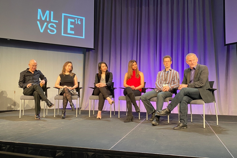 Left to right: Joe Chung (Redstar), Ayah Bdeir (littleBits), Nan-Wei Gong (Figur8), Rana El Kaliouby (Affectiva), Eran Egozy (Harmonix), and John Underkoffler (Oblong) participate in a panel discussion about their entrepreneurial paths out of the Media Lab.