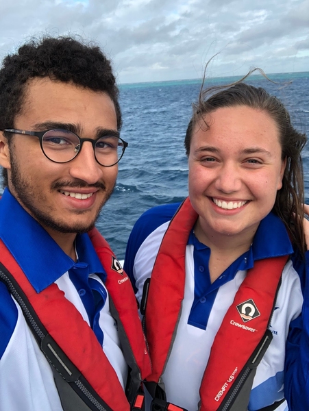Michelle Kornberg (right) and Nicholas Fritzinger-Pittman aboard the RV Cape Ferguson off the coast of Australia. 
