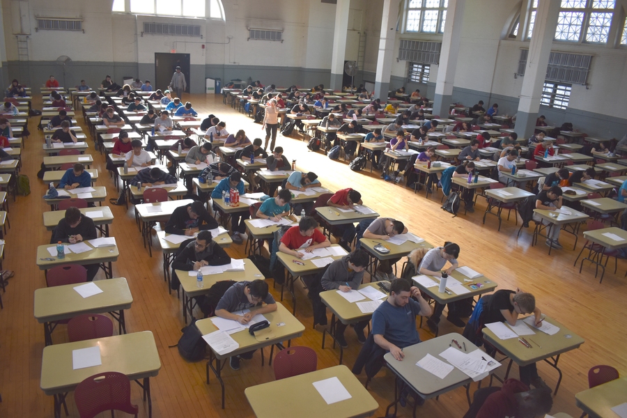 MIT students in Walker Memorial were among 4,229 test-takers from 570 U.S. and Canadian institutions taking a six-hour exam on December 7, 2019.