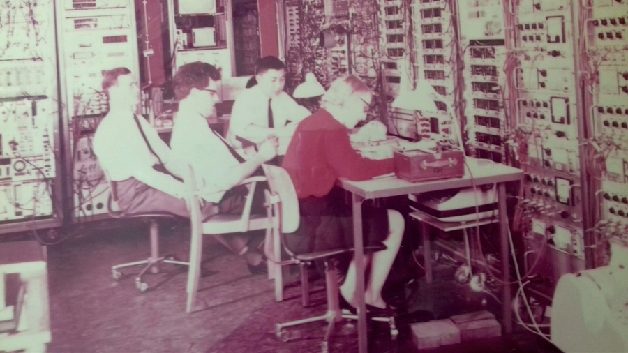 Left to right: Martin Rohde, Ulrich Becker, Sam Ting, and Ingrid “Clare” Schultz, at DESY in Hamburg, Germany, working on an experiment that would later be completed at Brookhaven National Laboratory and eventually lead to the Nobel Prize.