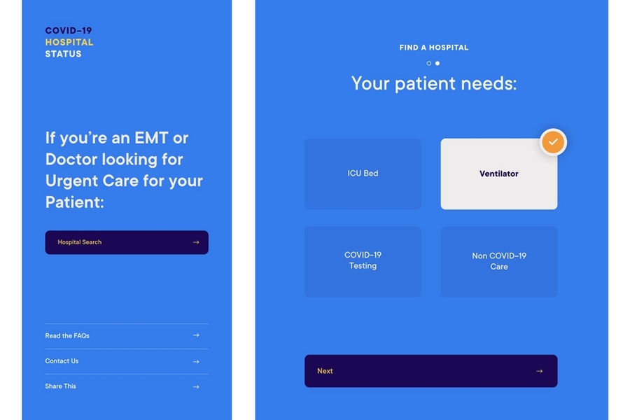 This mock-up shows how EMTs, doctors and patients can use the app to select and identify which hospitals have availability.