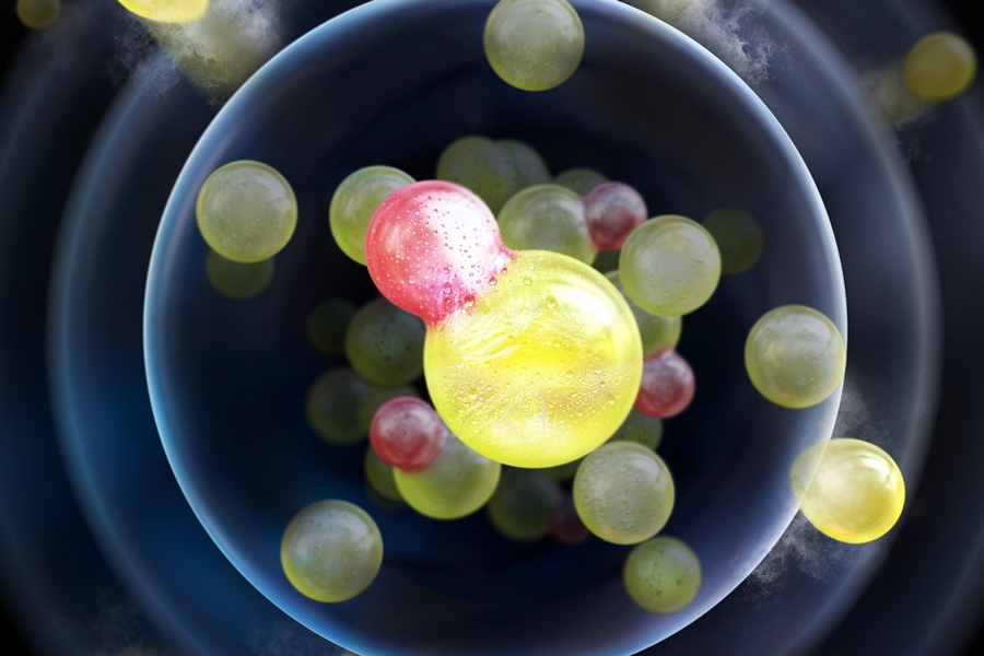 A new refrigerator for molecules.  Sodium atoms (yellow spheres) collide with sodium-lithium molecules (combined-yellow-red-spheres).  The atom-molecule mixture is trapped in an optical trap whose effective edge is shown as a white rim. As the trap is loosened (depicted as a dimmer rim), the most energetic sodium atoms leave the trap, providing evaporative cooling.  The cooling is transferred to t...
